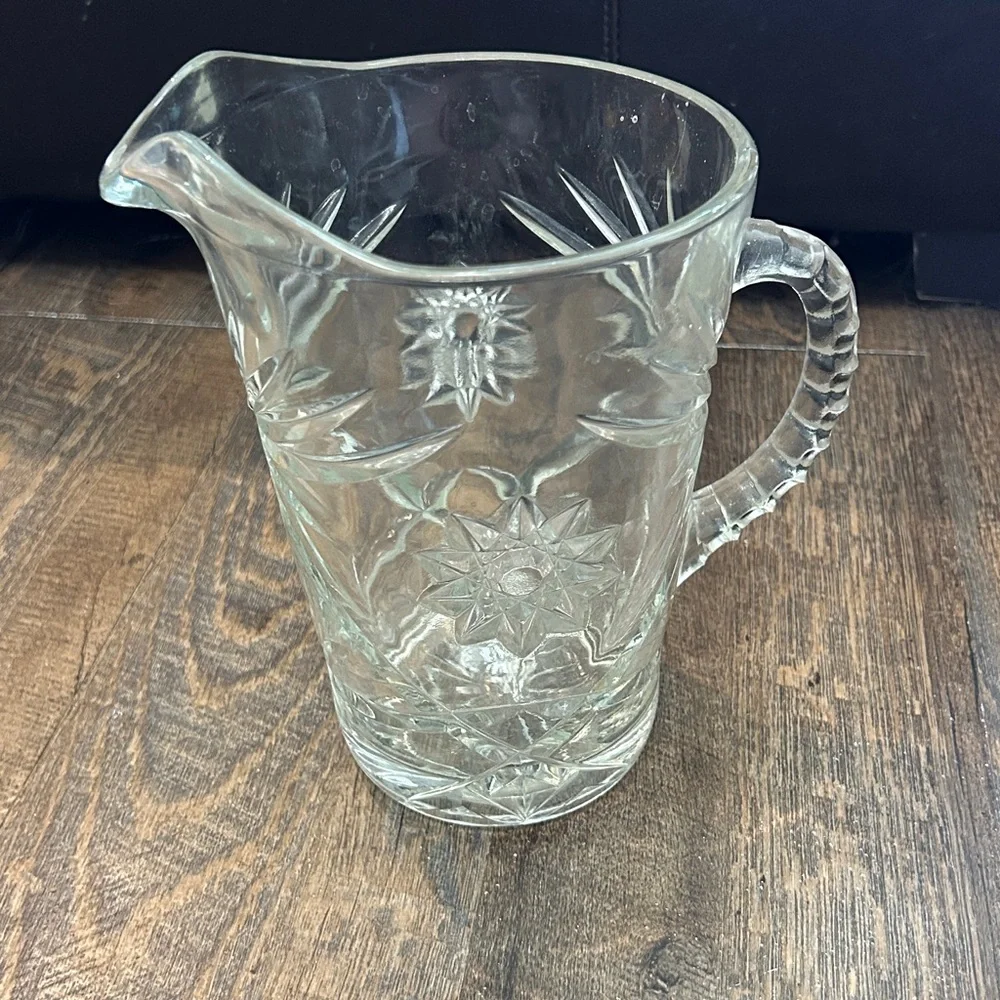 Vintage Anchor Hocking Prescut 54oz 8 Inch‎ Glass Pitcher Hob Stars Palm Trees